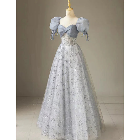 Robe de soirée longue à imprimé floral, jolie robe trapèze à manches bouffantes, robe de soirée bleue, robe de remise de diplôme, robe de soirée nv1860