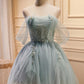 Green Tulle Beaded Short Prom Dress, Cute Off Shoulder Homecoming Dress nv1587