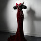 Robe de bal longue en velours bordeaux à col en cœur et sirène, robe de soirée longue bordeaux nv1868