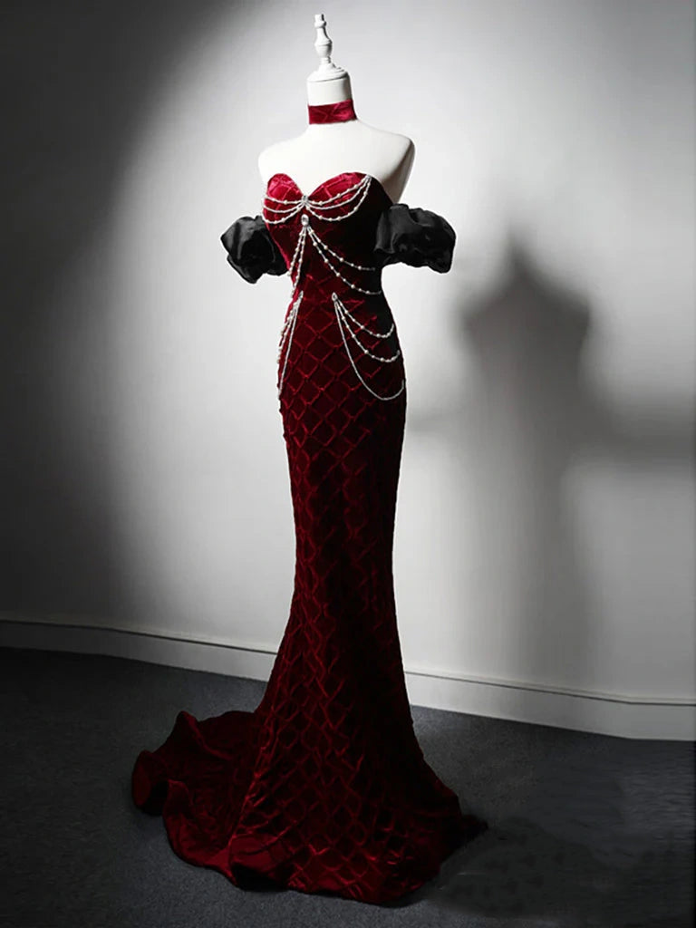 Robe de bal longue en velours bordeaux à col en cœur et sirène, robe de soirée longue bordeaux nv1868