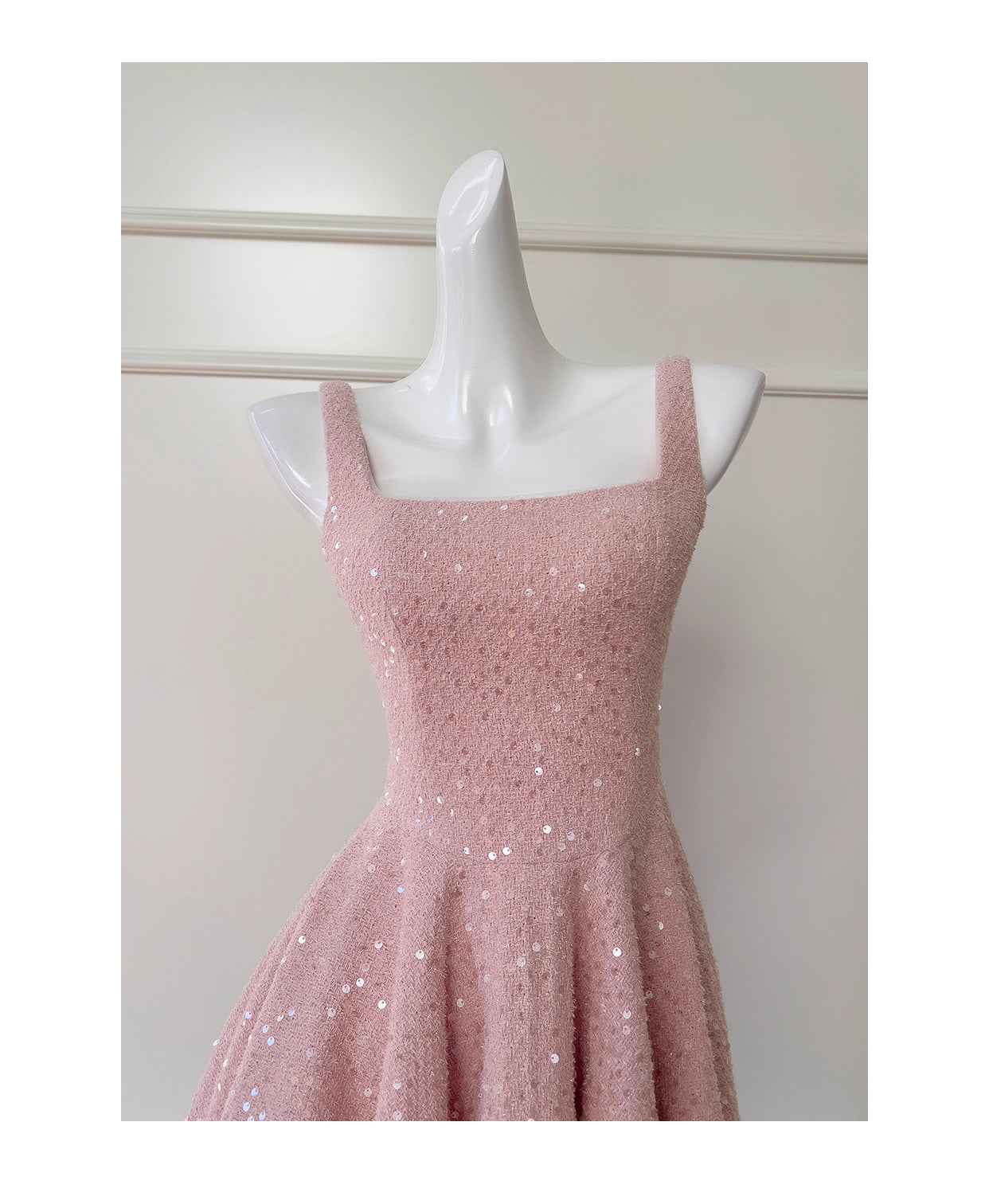 NiceVestidos-Short Homecoming Dress Pink Sequined Tweed Suspender Dress High-End Waist Slimming Bow Short Dress nv5544