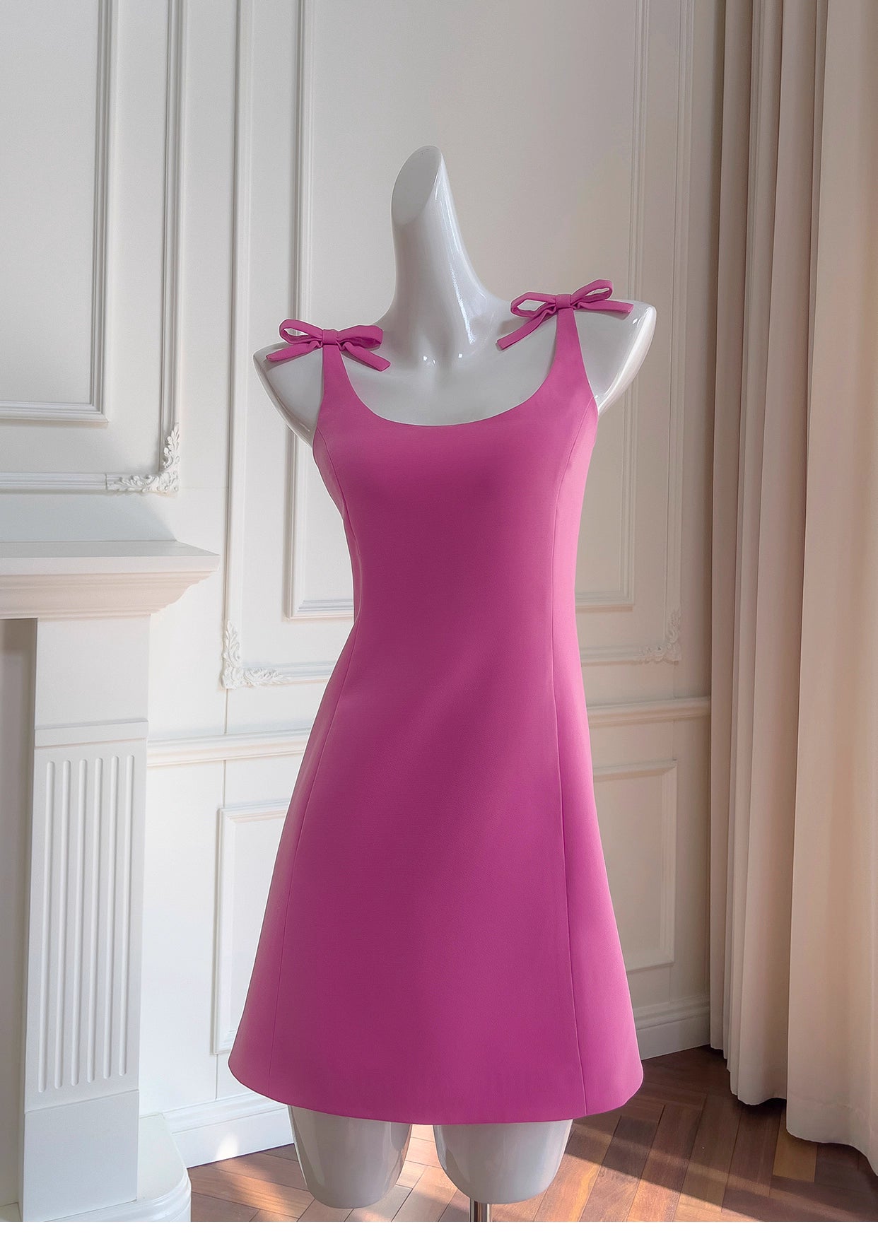 Robe de soirée courte, simple, courte, avec nœud et bretelles, taille haute, rose, rouge, petite taille, nv5550