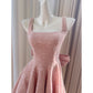 NiceVestidos-Short Homecoming Dress Pink Sequined Tweed Suspender Dress High-End Waist Slimming Bow Short Dress nv5544