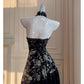 Robe de soirée noire et dorée en satin jacquard, sans manches, taille longue, dos nu, col licou, robe de banquet sexy, nv5559