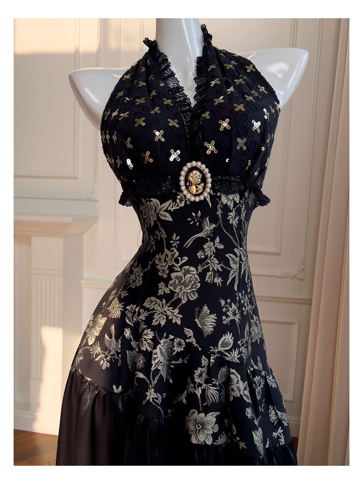 Robe de soirée noire et dorée en satin jacquard, sans manches, taille longue, dos nu, col licou, robe de banquet sexy, nv5559