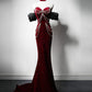 Robe de bal longue en velours bordeaux à col en cœur et sirène, robe de soirée longue bordeaux nv1868
