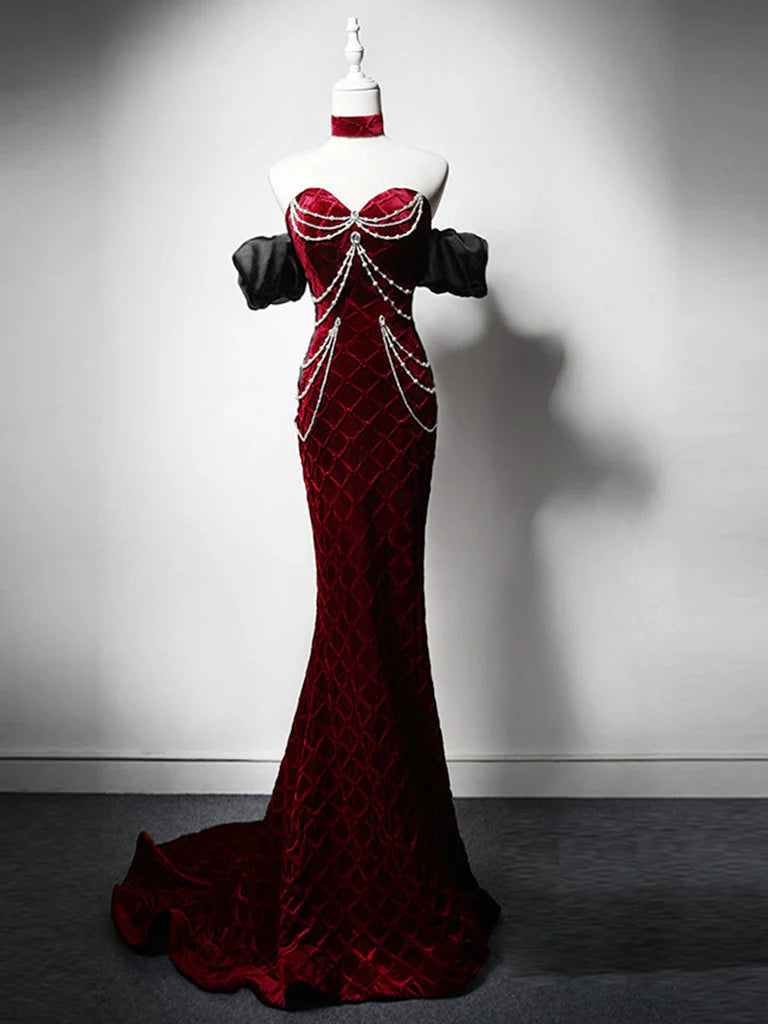 Robe de bal longue en velours bordeaux à col en cœur et sirène, robe de soirée longue bordeaux nv1868