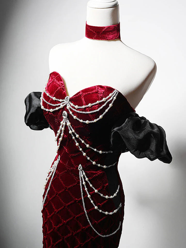 Robe de bal longue en velours bordeaux à col en cœur et sirène, robe de soirée longue bordeaux nv1868