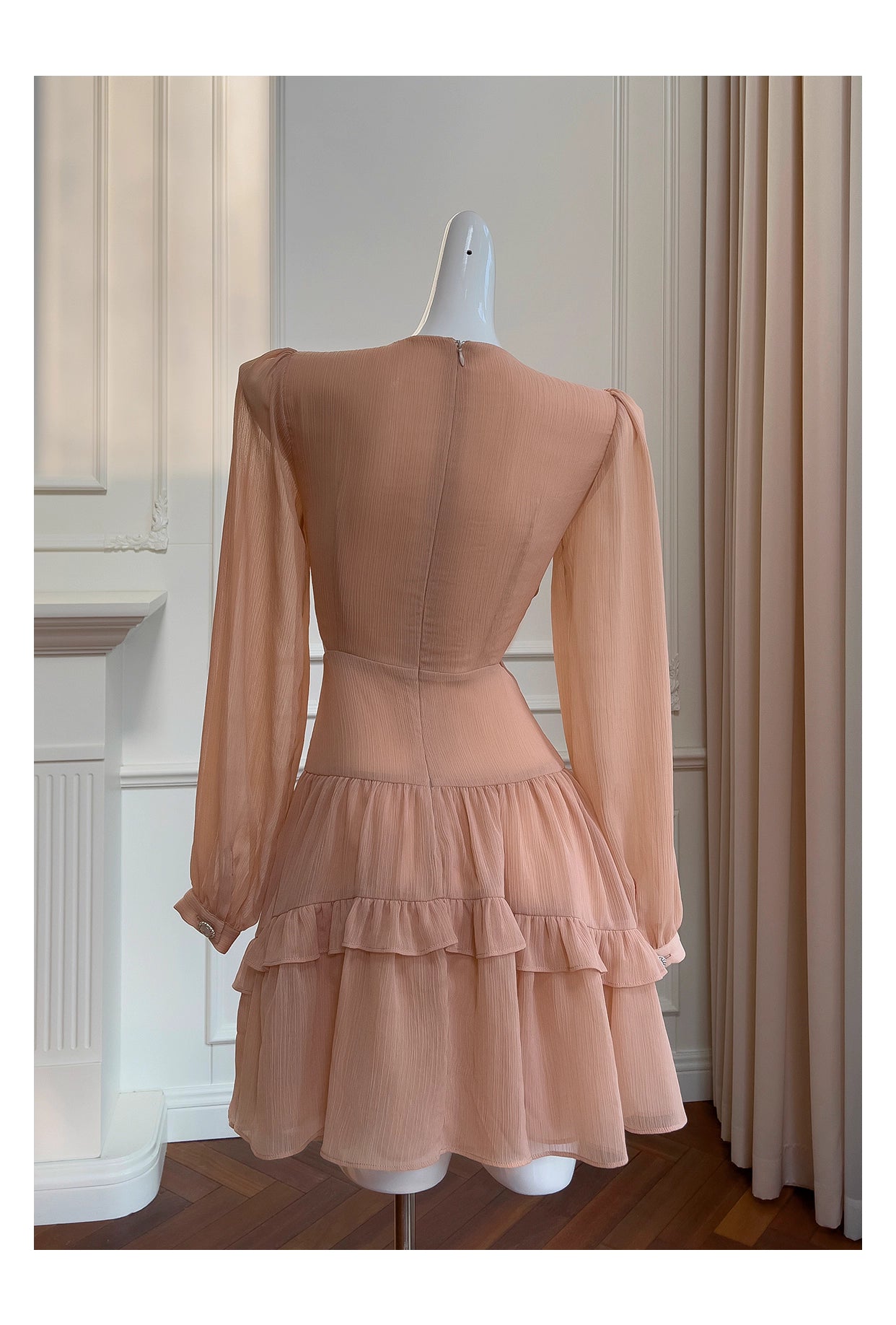 NiceVestidos-Homecoming Dress Floral Champagne Chiffon Gentle And Elegant Short Dress Party Dress nv5553