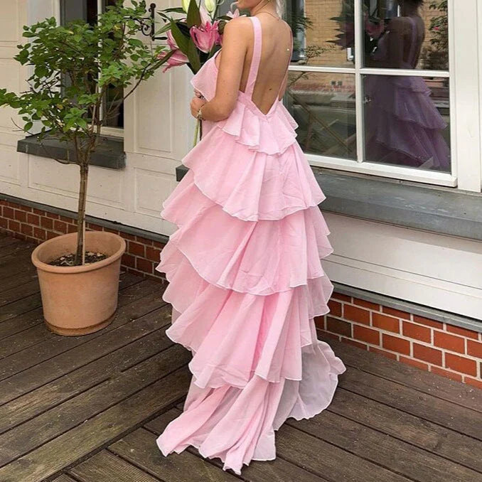 Pink Fashion Sweet Cute Long Tiered Ruffle Chiffon Floor Length Ball Gown Evening Dress Party Dress Prom Dress 22nd Birthday Suit nv3904