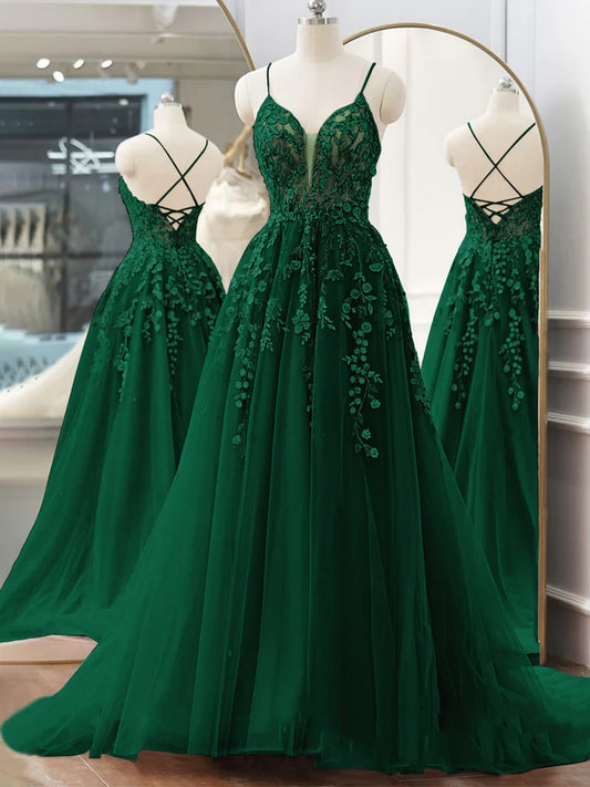 Robe de soirée longue en dentelle verte à col en V et dos ouvert, robe de soirée en dentelle verte, robe de soirée verte nv1506