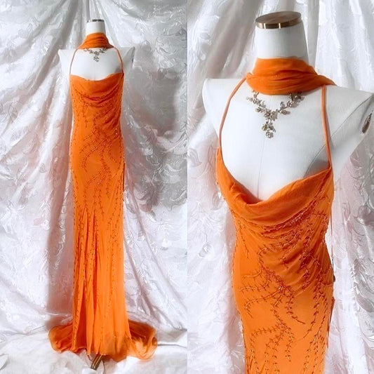 Orange exquisite beaded spaghetti strap long chiffon fairy dress prom dress nv5413