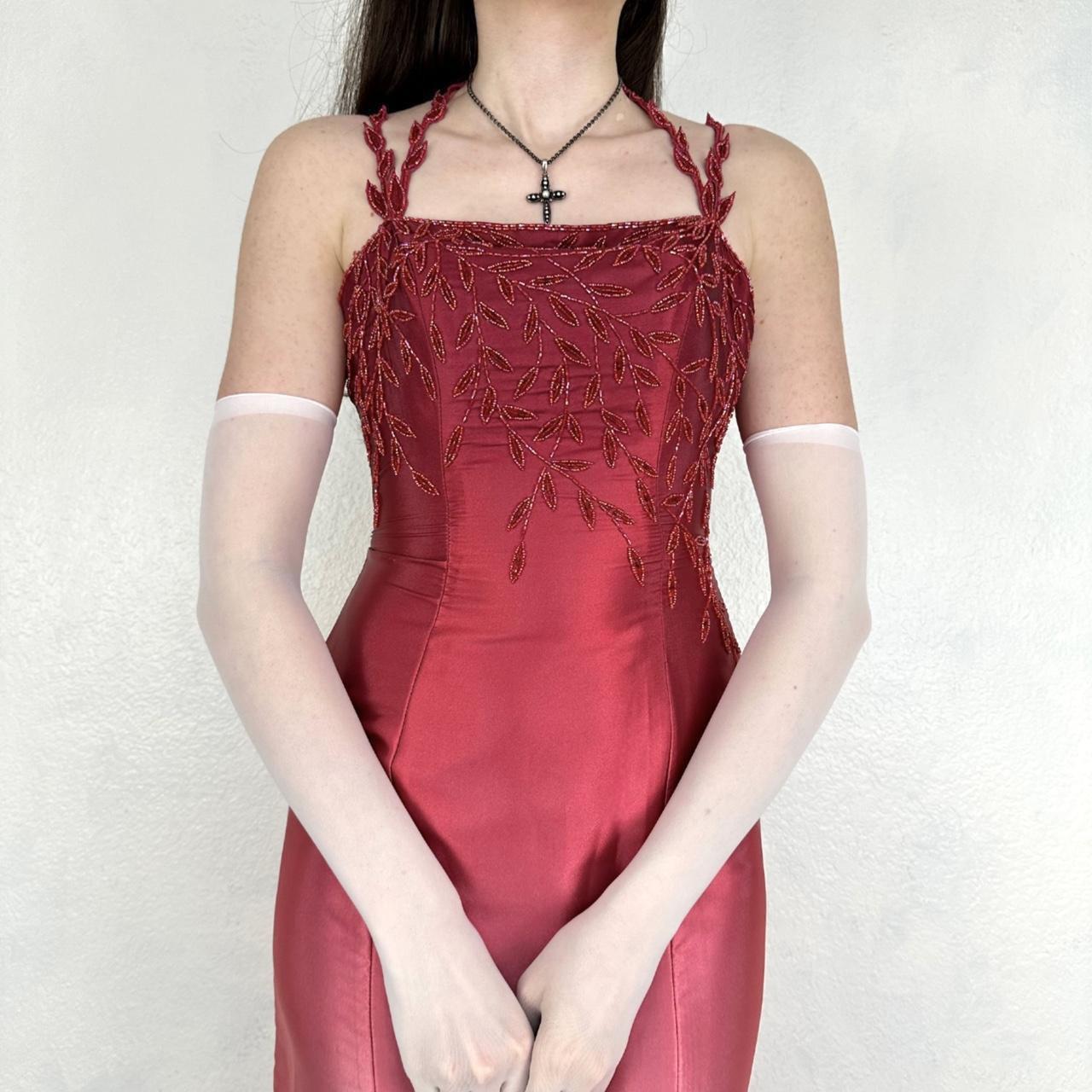 Vintage Red/Pink Gradient Beaded Embroidery Long Satin Formal Dress Prom Gown Gothic Vampire nv5403