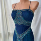 💙Gorgeous and unique blue and green beaded ombre long chiffon prom dress nv5381