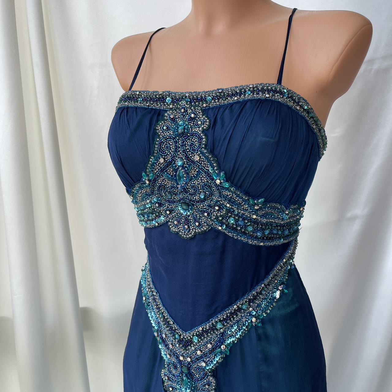 💙Gorgeous and unique blue and green beaded ombre long chiffon prom dress nv5381