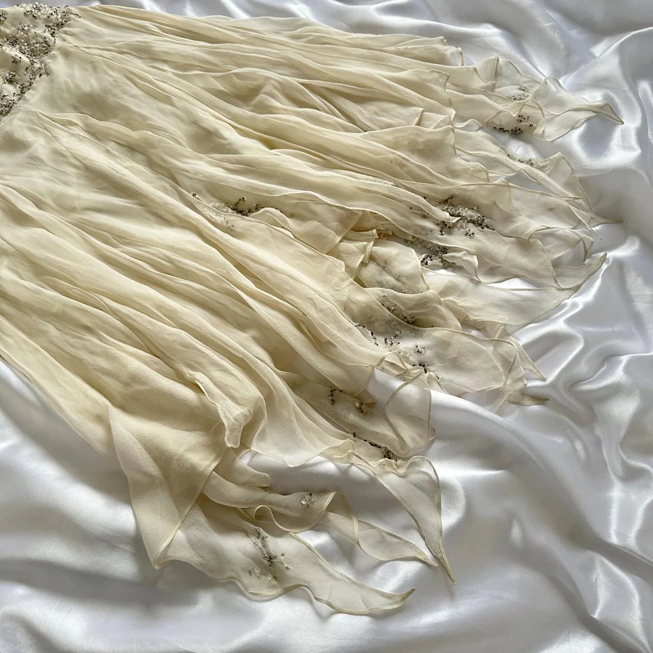 Ivory Beaded Long Chiffon Dress Party Dress Ruffled Evening Dress Ball Gown  nv4579