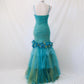 💙 Vintage unique teal floral long mermaid silhouette with flared hem and ruffled tulle formal prom dress. nv4987
