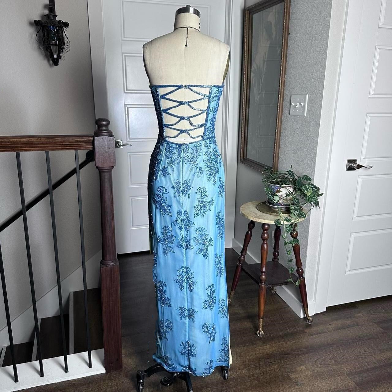 Blue Retro Fashion Elegant Luxury Gorgeous Exquisite Full Body Beaded Long Tulle Ball Gown Evening Gown Party Dress Prom Gown nv3923