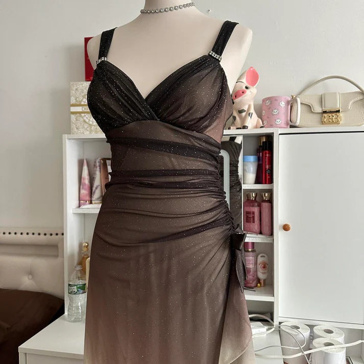 Braun und Creme modischer Farbverlauf wunderschönes einzigartiges Glitzer-Maxikleid Vintage elegantes langes Chiffon-Tüll-Ballkleid Abendkleid Partykleid Ballkleid NV4249