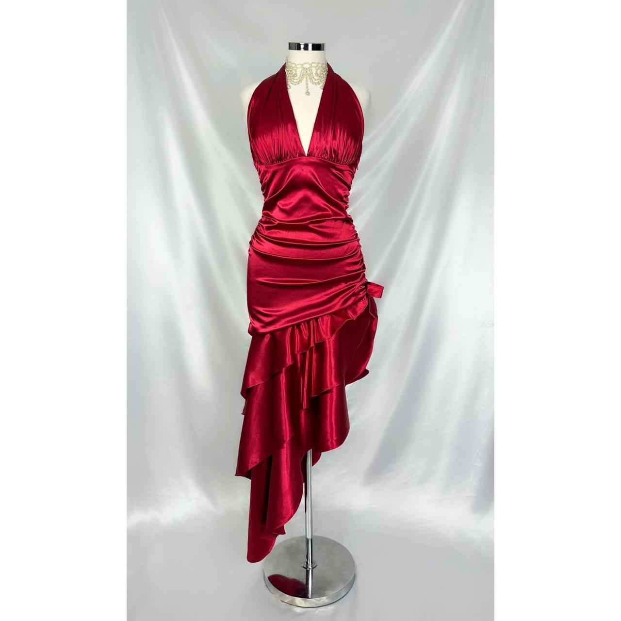❤️ Sparkling retro red dress with halter neckline short asymmetrical ruffle homecoming dress birthday party dress nv5386