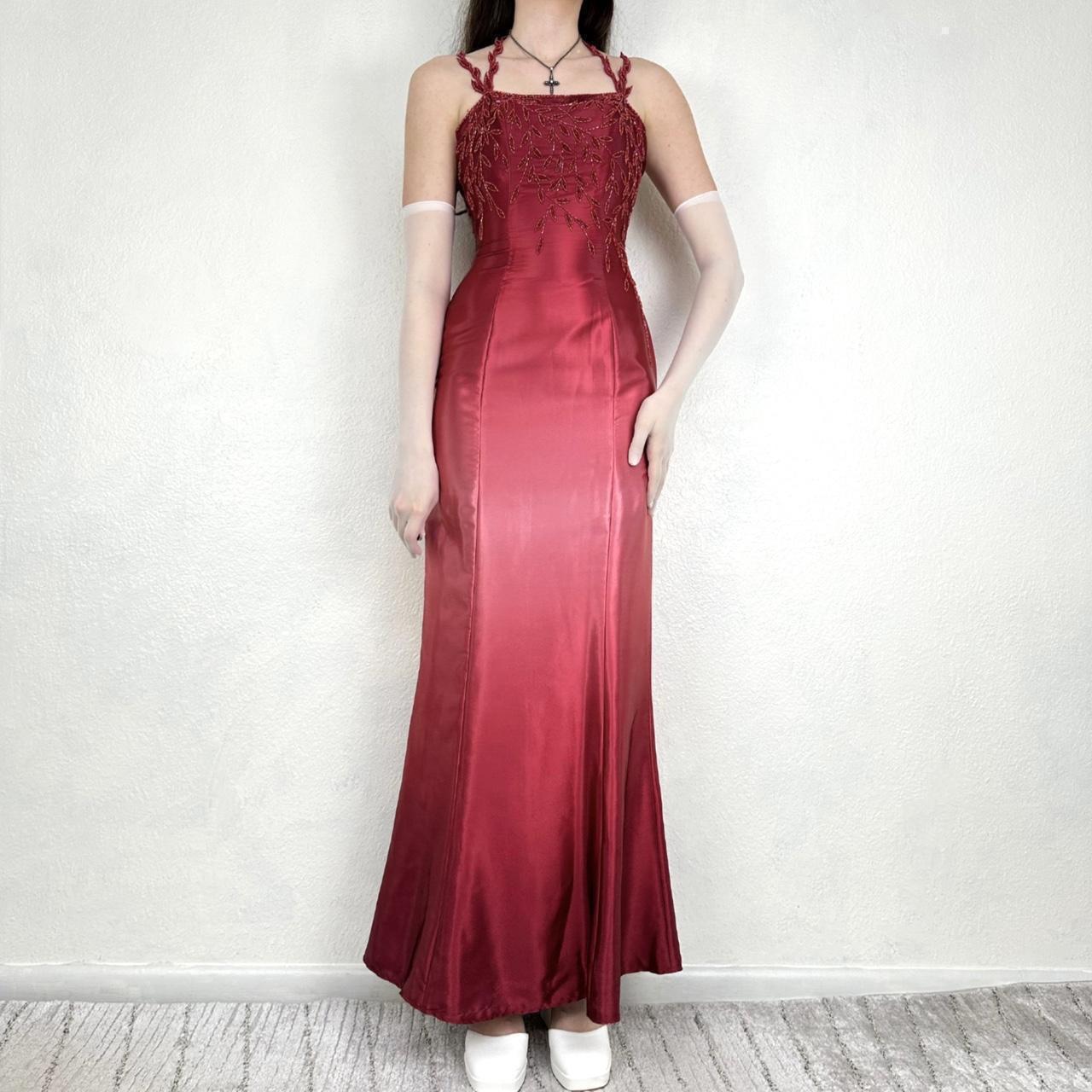 Vintage Red/Pink Gradient Beaded Embroidery Long Satin Formal Dress Prom Gown Gothic Vampire nv5403