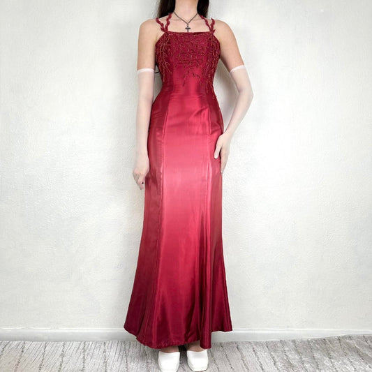 Robe de soirée longue en satin, style gothique vampire, vintage, dégradé rouge/rose, broderie perlée, nv5403