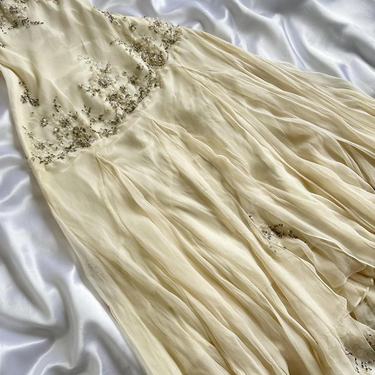 Ivory Beaded Long Chiffon Dress Party Dress Ruffled Evening Dress Ball Gown  nv4579