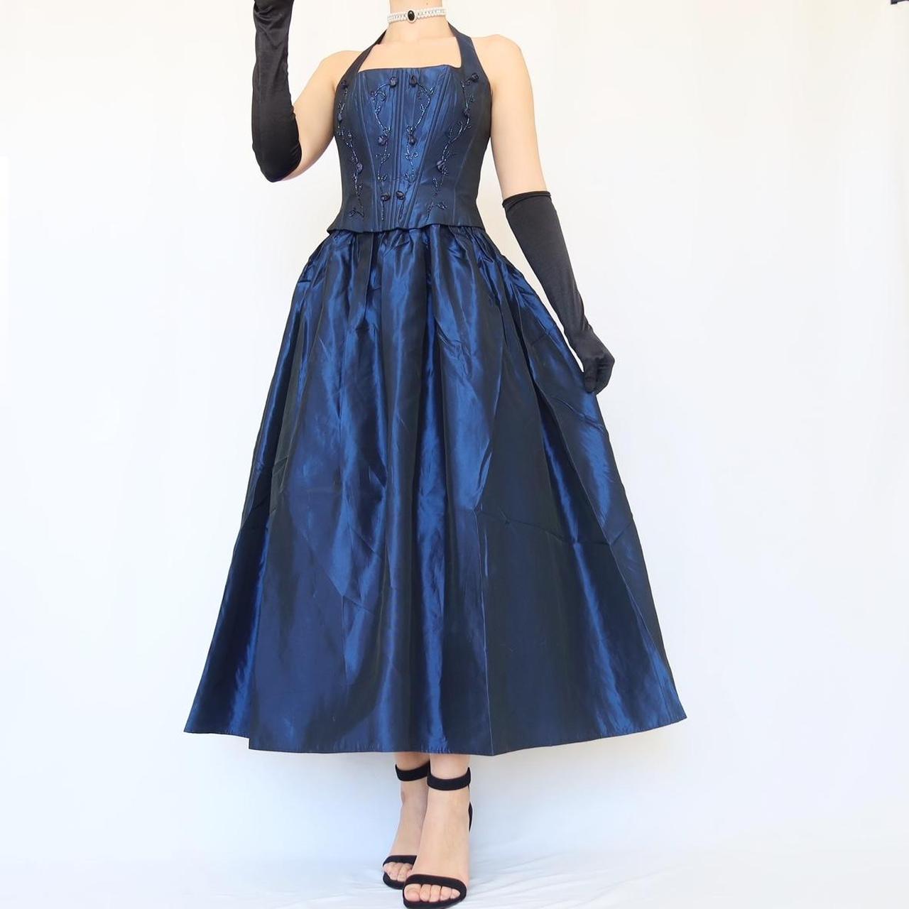Robe de soirée longue en satin bleu vintage, élégante et délicate, à fleurs, avec perles, col carré et dos nu, tenue de bal, de fête d'anniversaire, nv4002
