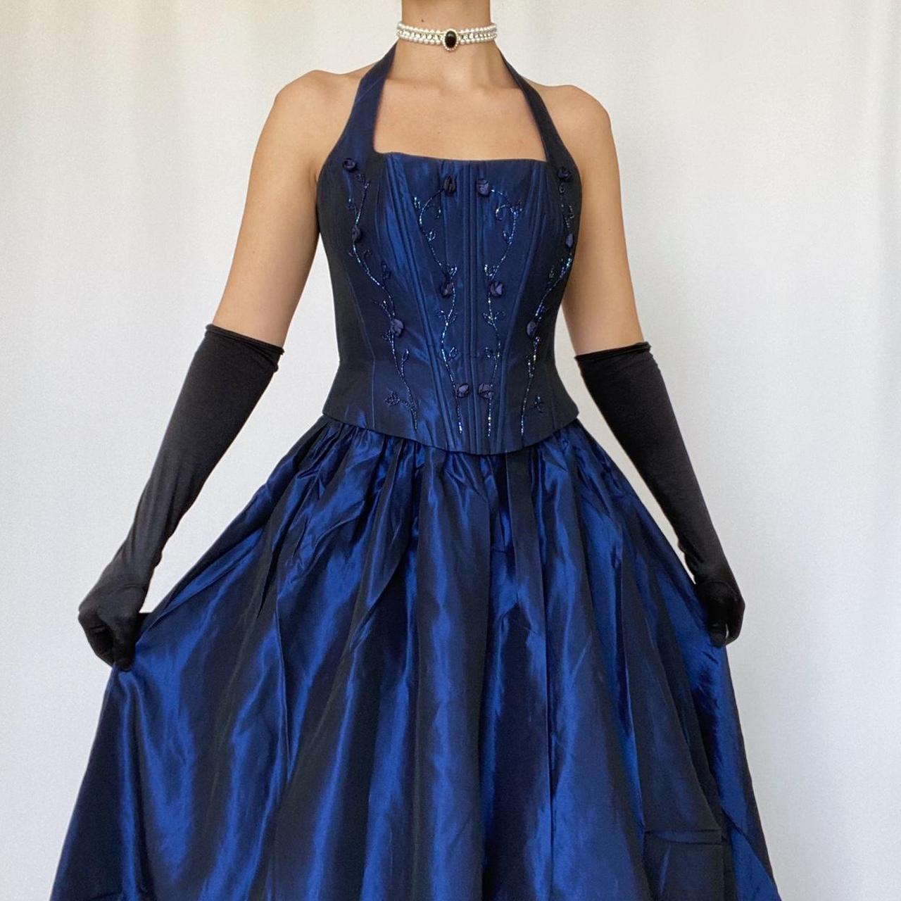 Robe de soirée longue en satin bleu vintage, élégante et délicate, à fleurs, avec perles, col carré et dos nu, tenue de bal, de fête d'anniversaire, nv4002