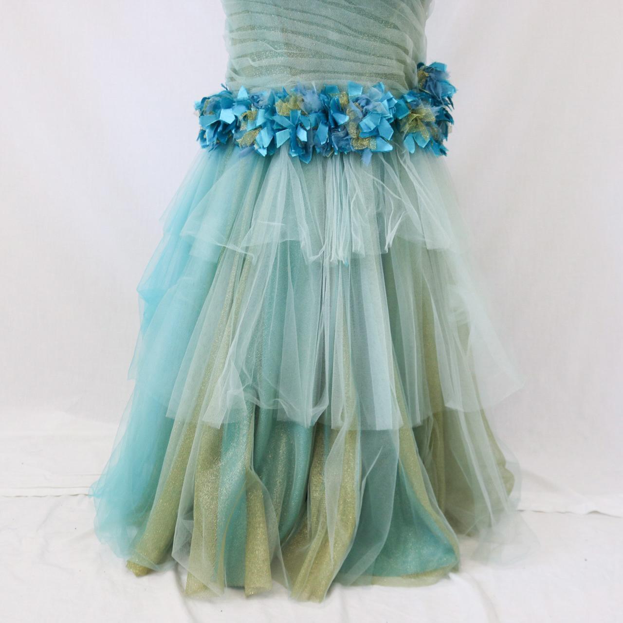 💙 Vintage unique teal floral long mermaid silhouette with flared hem and ruffled tulle formal prom dress. nv4987