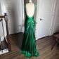 Green Shiny Vintage Fashion Sexy V-neck Rhinestone Bodycon Long Satin Backless Formal Prom Dress Evening Gown Party Dress nv4418