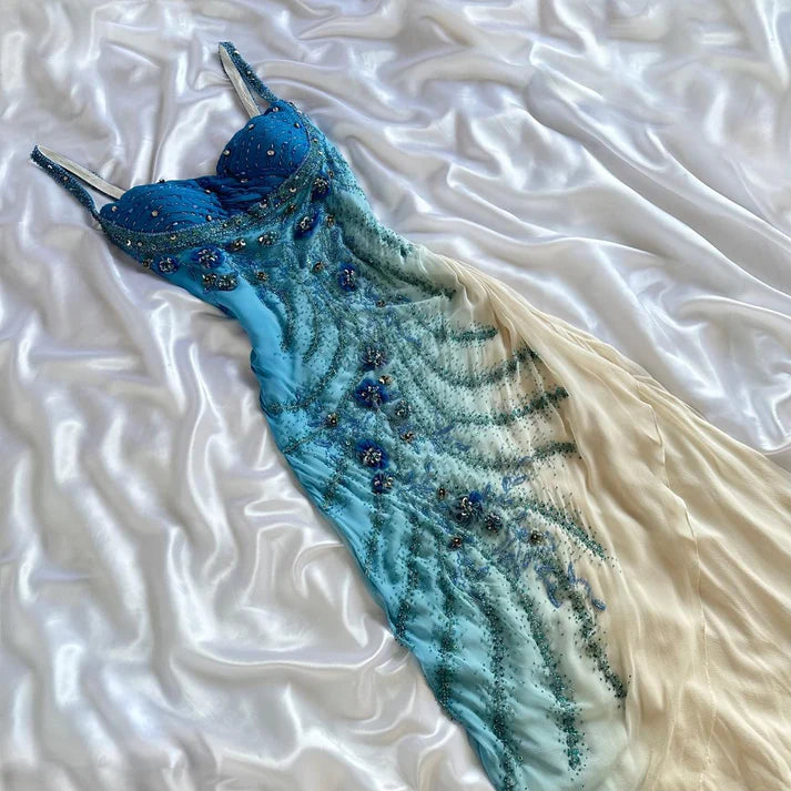 Blaues wunderschönes stilvolles einzigartiges elegantes exquisites Blumenmuster mit Perlen verziertes langes Chiffon-Ballkleid-Abendkleid-Partykleid NV4903