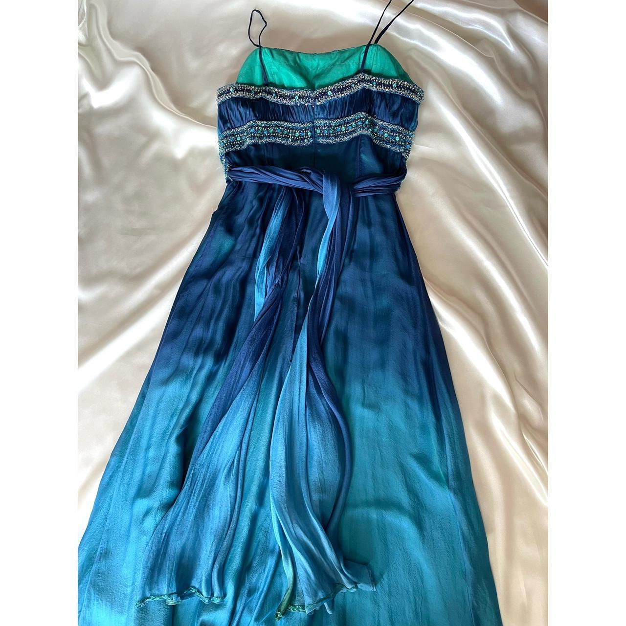 💙Gorgeous and unique blue and green beaded ombre long chiffon prom dress nv5381