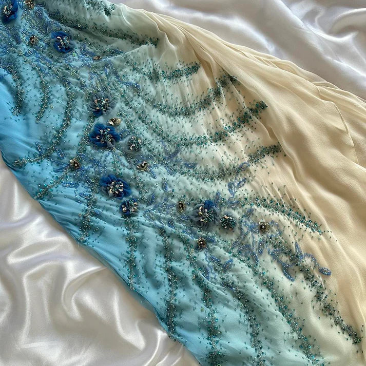 Blaues wunderschönes stilvolles einzigartiges elegantes exquisites Blumenmuster mit Perlen verziertes langes Chiffon-Ballkleid-Abendkleid-Partykleid NV4903