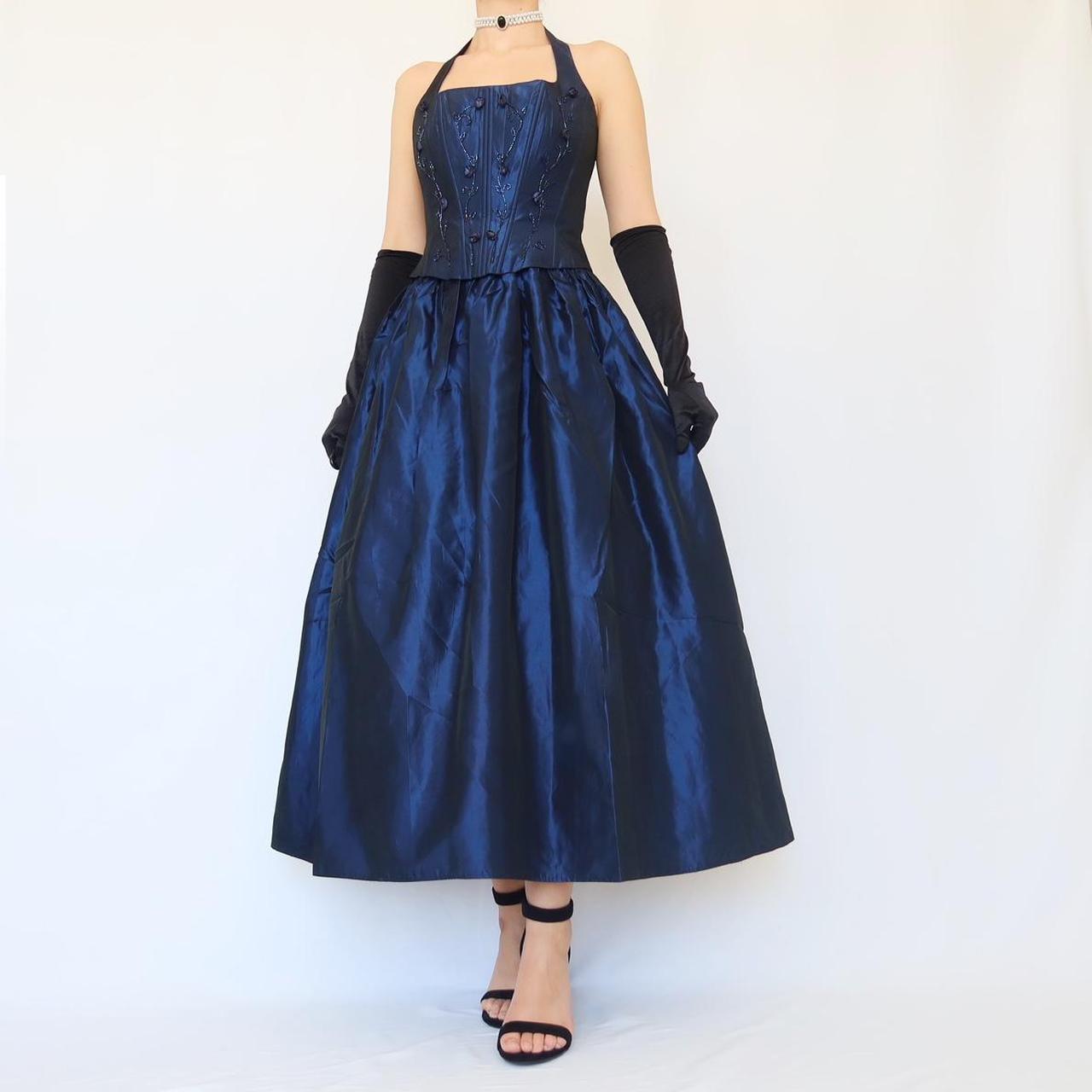 Robe de soirée longue en satin bleu vintage, élégante et délicate, à fleurs, avec perles, col carré et dos nu, tenue de bal, de fête d'anniversaire, nv4002