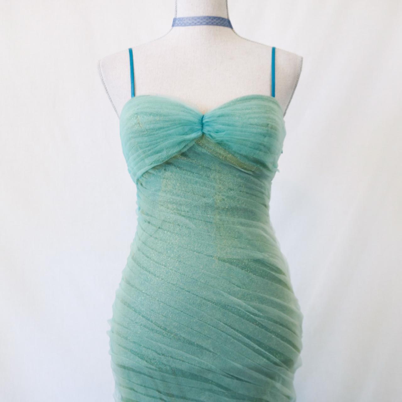 💙 Vintage unique teal floral long mermaid silhouette with flared hem and ruffled tulle formal prom dress. nv4987