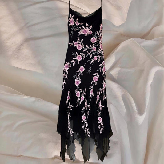 Black gorgeous pink floral beaded asymmetric midi prom ball gown evening gown party dress  nv4577