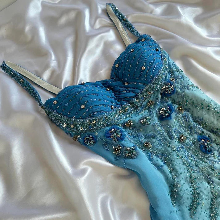 Blaues wunderschönes stilvolles einzigartiges elegantes exquisites Blumenmuster mit Perlen verziertes langes Chiffon-Ballkleid-Abendkleid-Partykleid NV4903