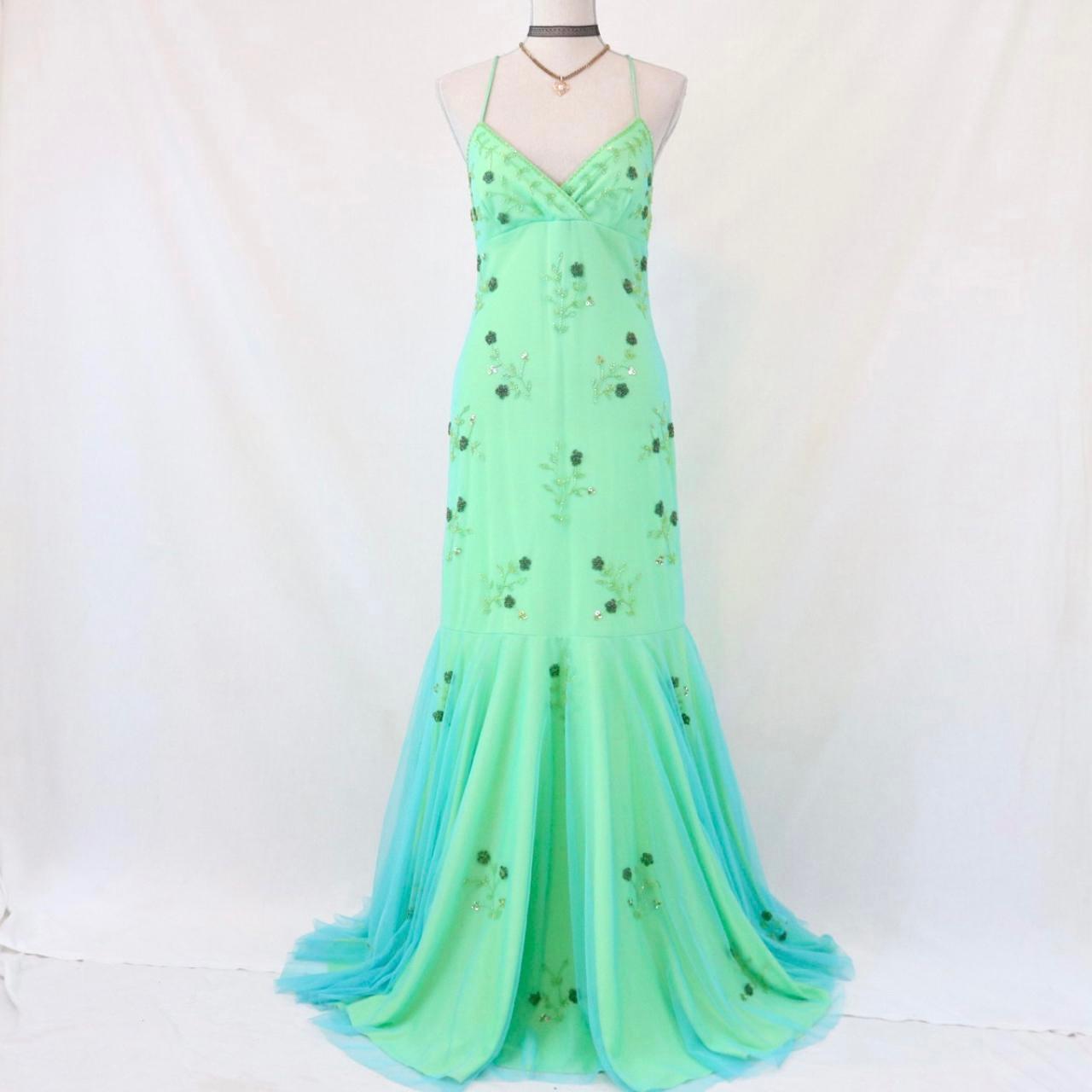 Robe de bal sirène longue en tulle vert vintage unique et perlée nv4988