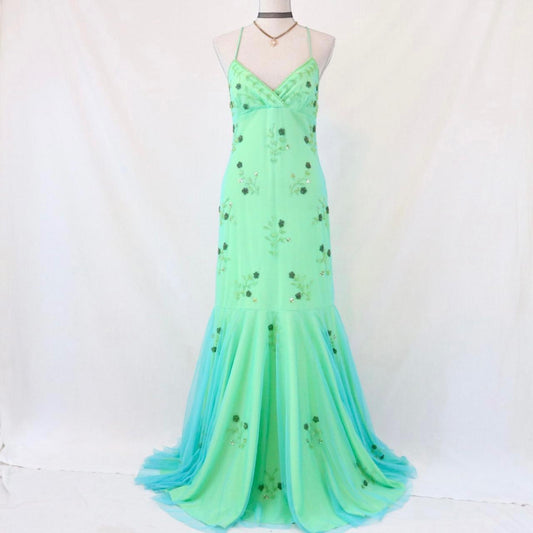 💚Vintage Unique Green Beaded Long Mermaid Tulle Formal Prom Dress nv4988