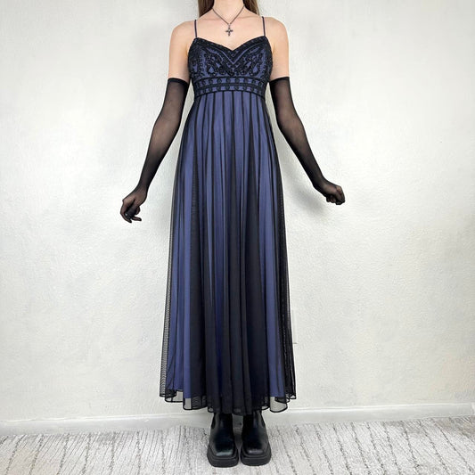 Robe de soirée longue en mousseline de soie, style gothique, vintage, noire et bleue, avec broderie perlée, style empire, nv5404