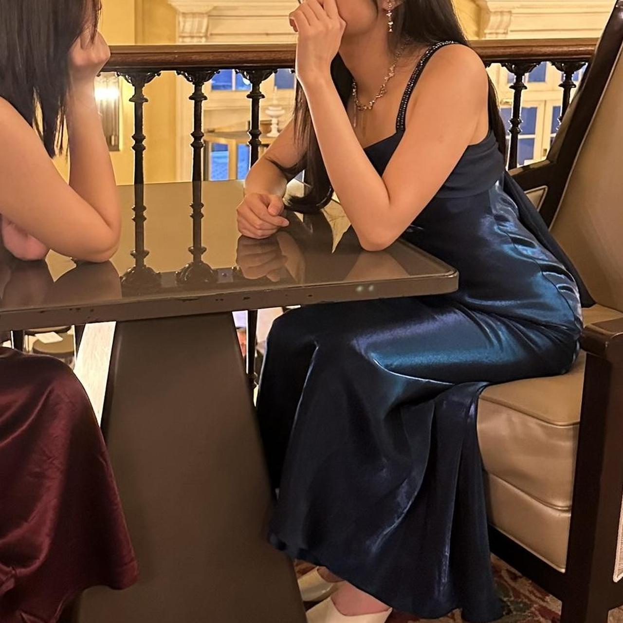 Dark Blue Fashion Elegant Spaghetti Strap Long Satin Women's Ball Gown Evening Dress Party Dress nv3746