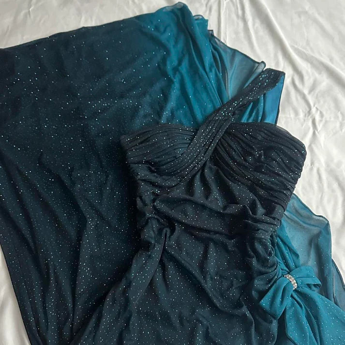 Robe de soirée longue en mousseline de soie, élégante, dégradée de turquoise, style rétro, scintillante, fluide, asymétrique, avec strass, robe de bal, robe d'anniversaire, robe de bal, robe de remise de diplôme, nv4251