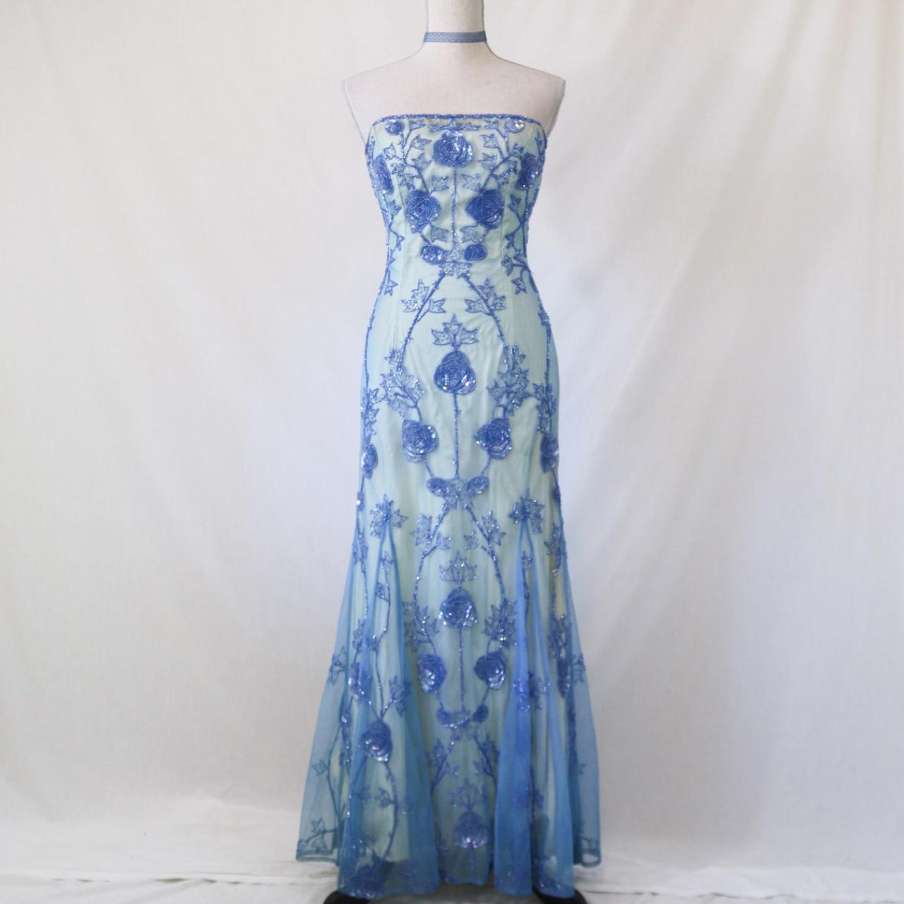 Robe de soirée longue en tulle perlé bleu aqua vintage nv4994