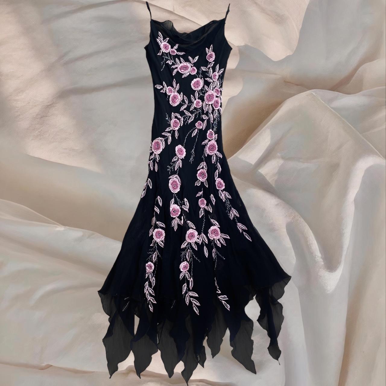 Black gorgeous pink floral beaded asymmetric midi prom ball gown evening gown party dress  nv4577