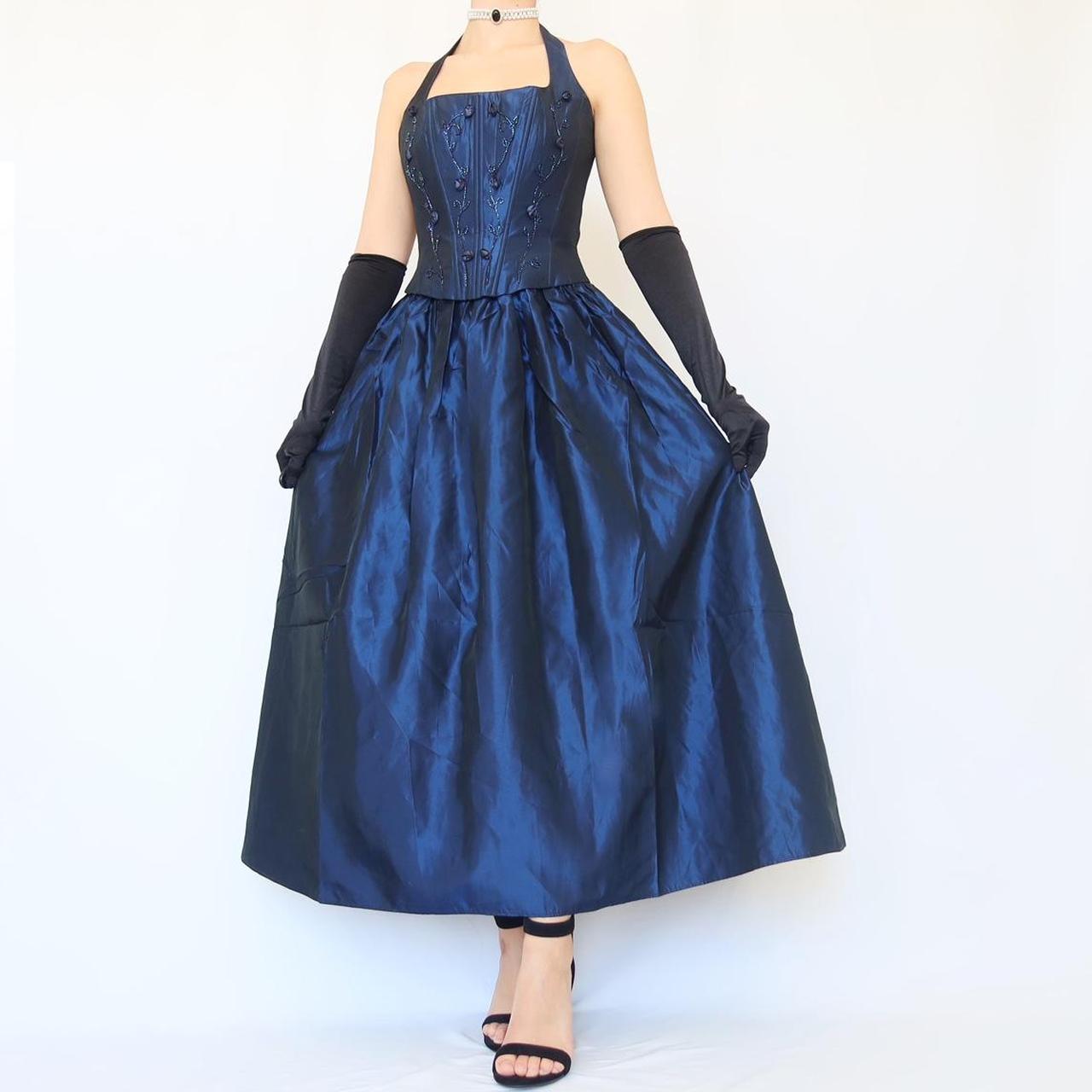 Robe de soirée longue en satin bleu vintage, élégante et délicate, à fleurs, avec perles, col carré et dos nu, tenue de bal, de fête d'anniversaire, nv4002