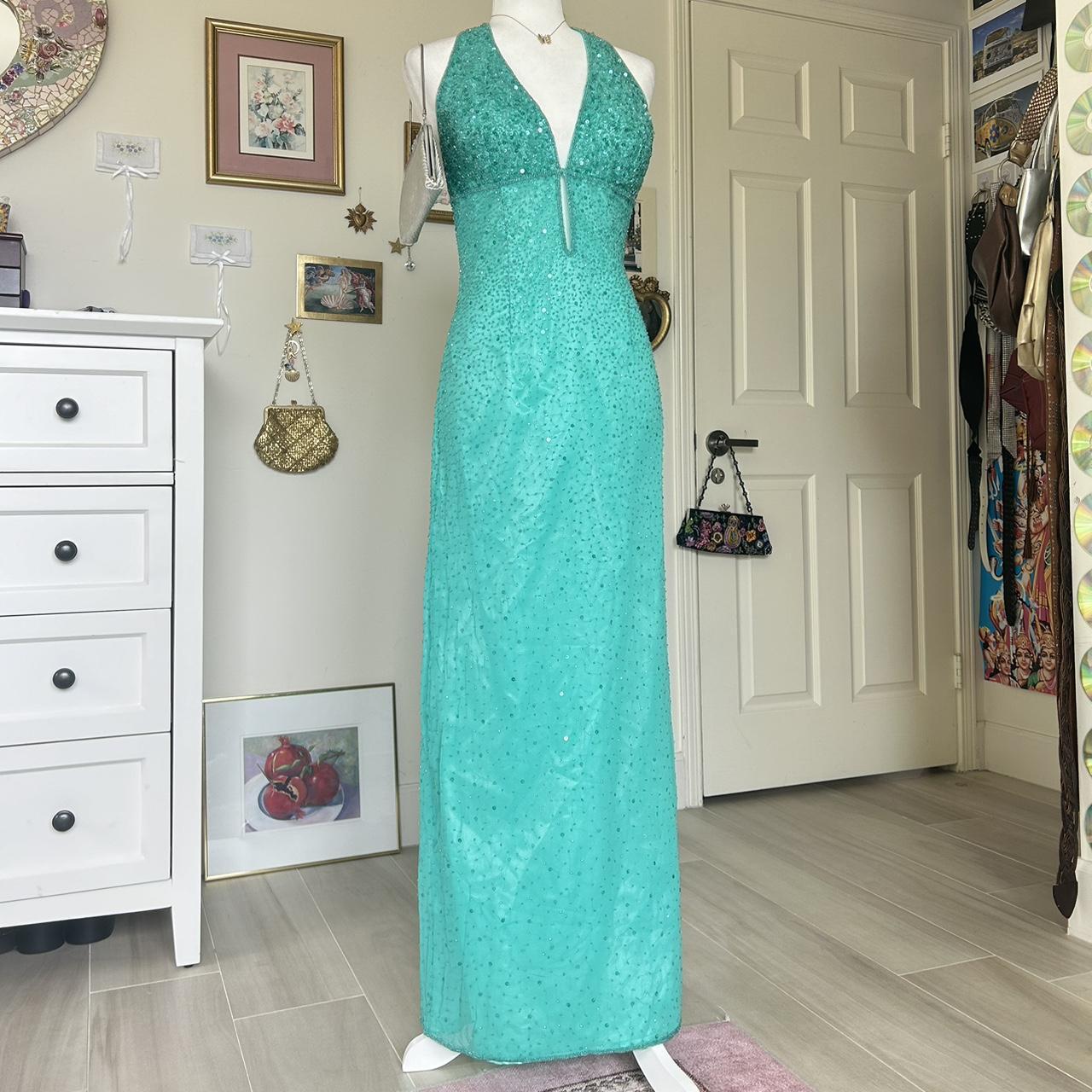 Blue vintage beaded mermaid sequined halter long prom dress evening gown party dress nv4242