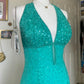 Blue vintage beaded mermaid sequined halter long prom dress evening gown party dress nv4242