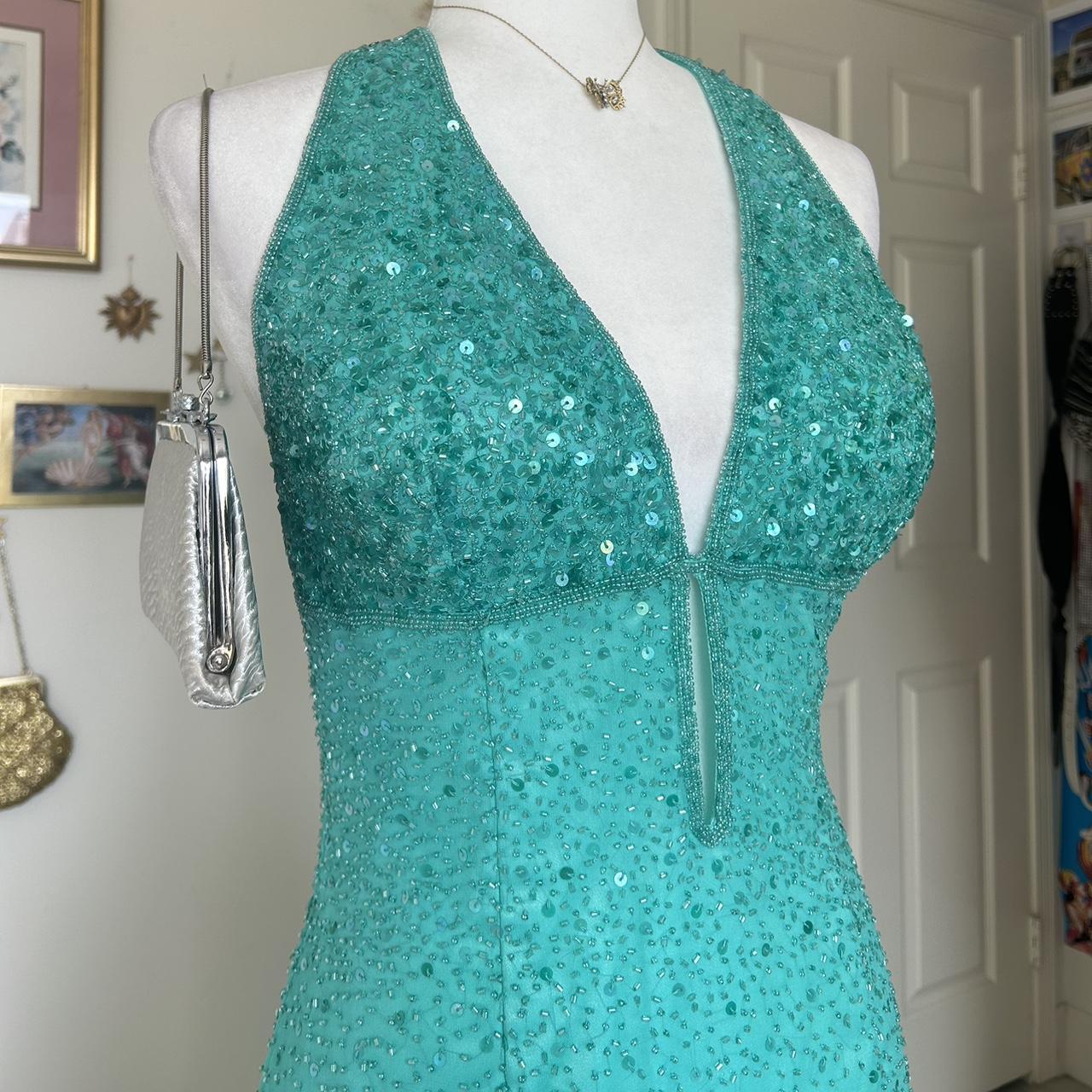 Blue vintage beaded mermaid sequined halter long prom dress evening gown party dress nv4242