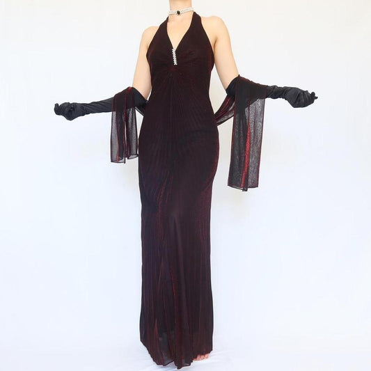 Black and red glitter sexy retro elegant exquisite rhinestone halter neck sling backless long chiffon tulle fairy ball gown evening dress birthday party dress prom dress nv4003